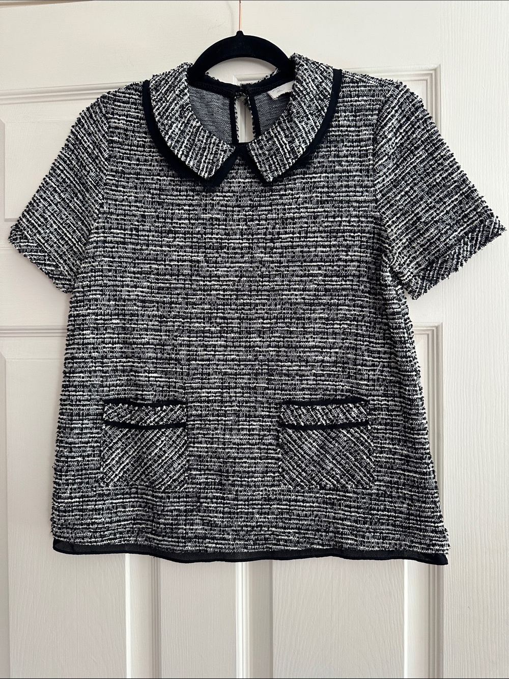 Anthropologie 9-H15 Stcl Textured Black & White Tweed Peter Pan Collar Top